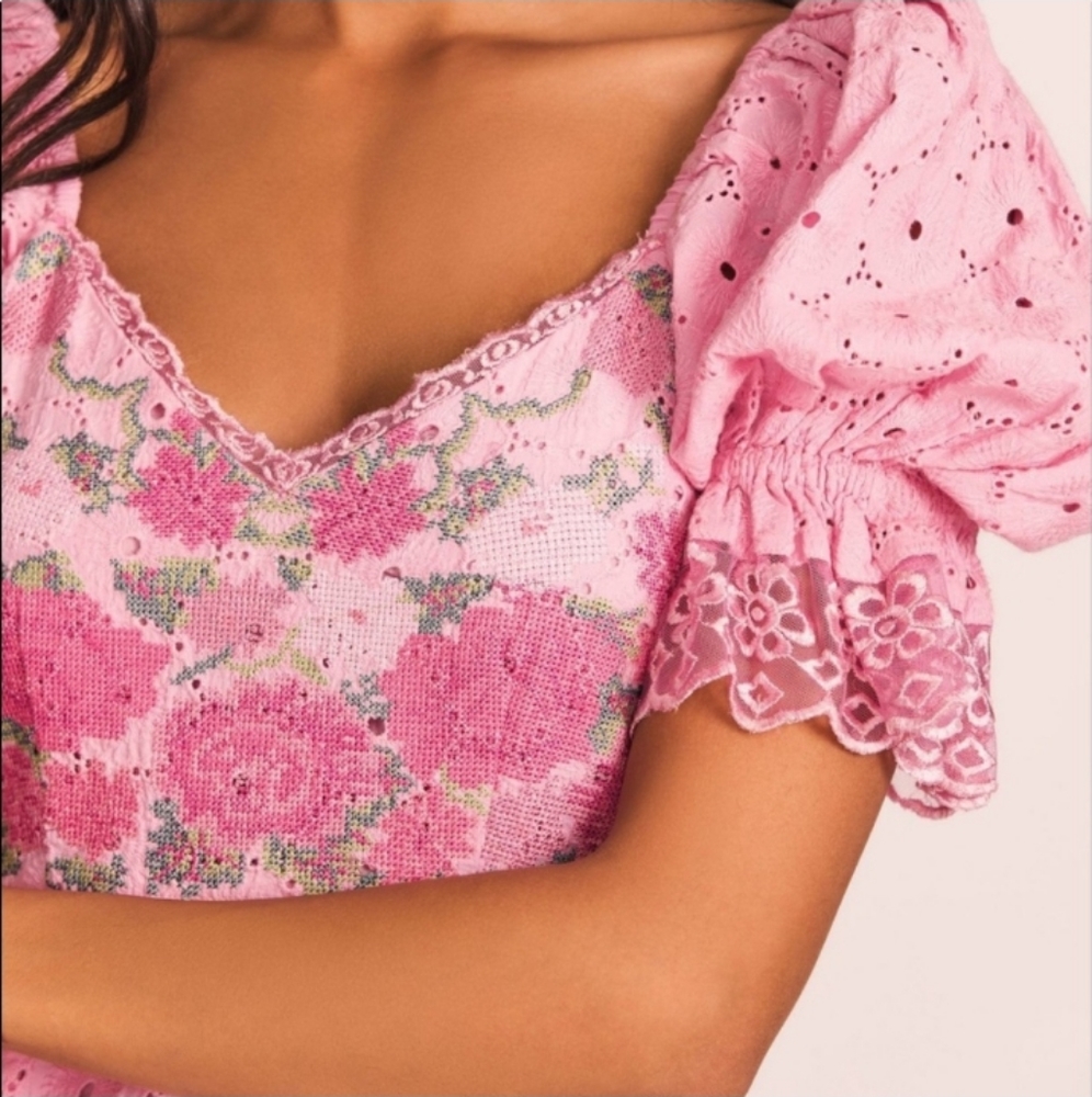 LoveShackFancy Pink Eyelet Floral Mini Dress - Picture 3 of 16